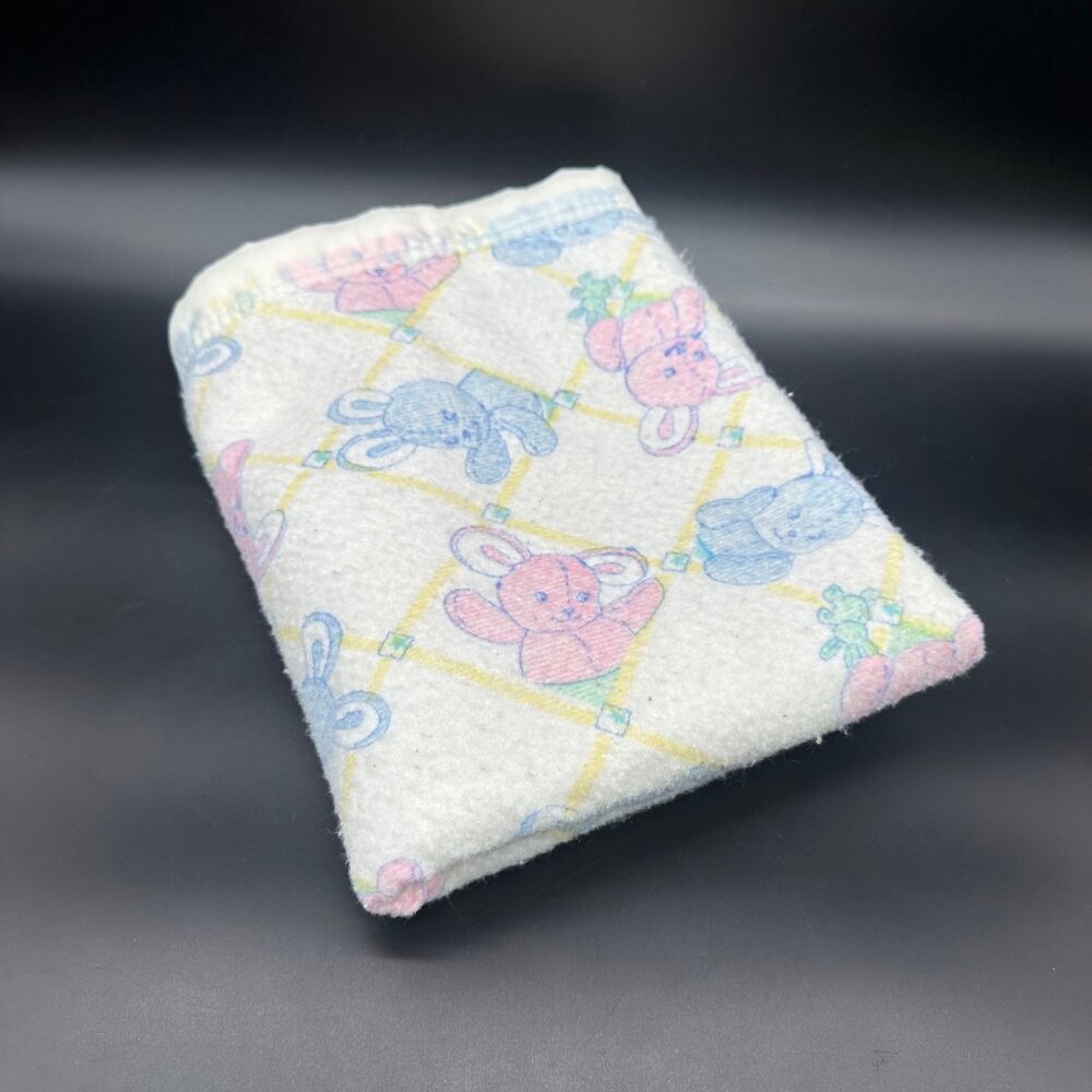 Vintage Pastel Bunny Baby Blanket Pink Blue Gender Neutral 1990s USA Retro